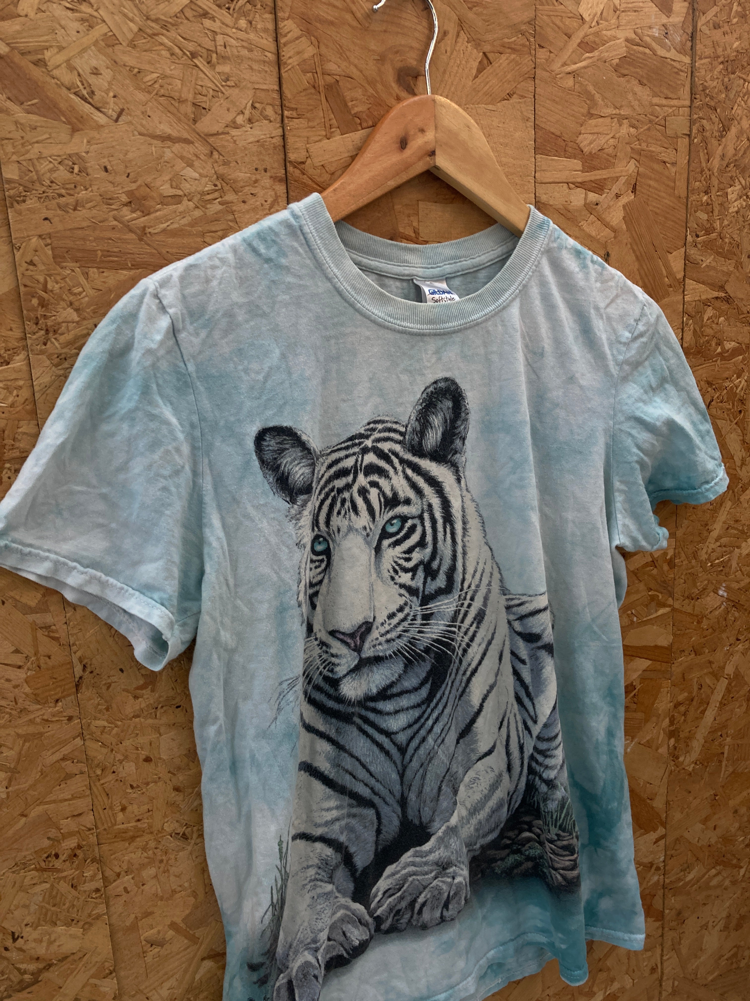 Vintage Y2K blue tie-dye white realistic tiger animal print t-shirt size small