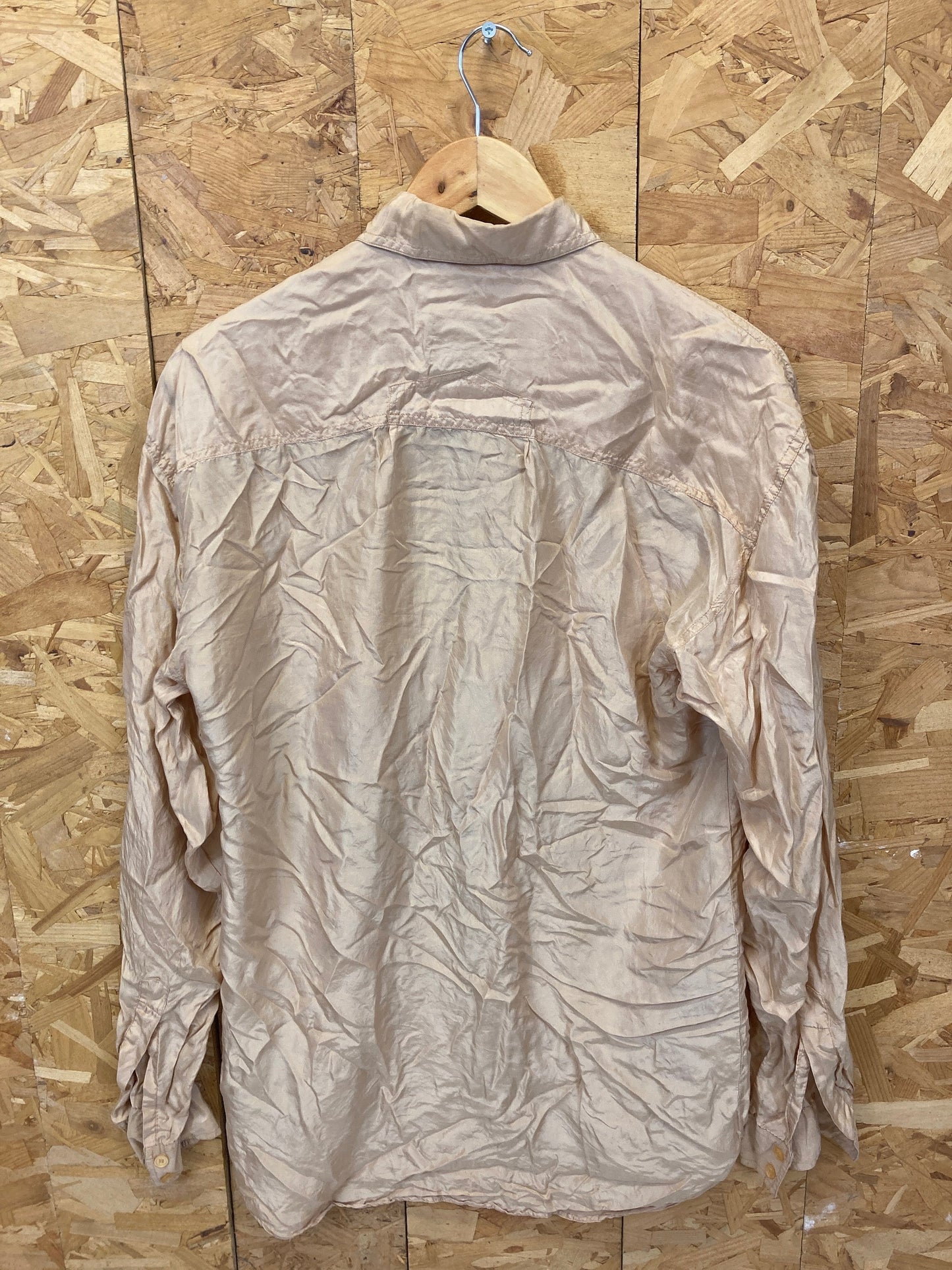 Vintage 90s 100% Silk coffee beige long sleeve twin pocket oversized shirt size small by monk Adam