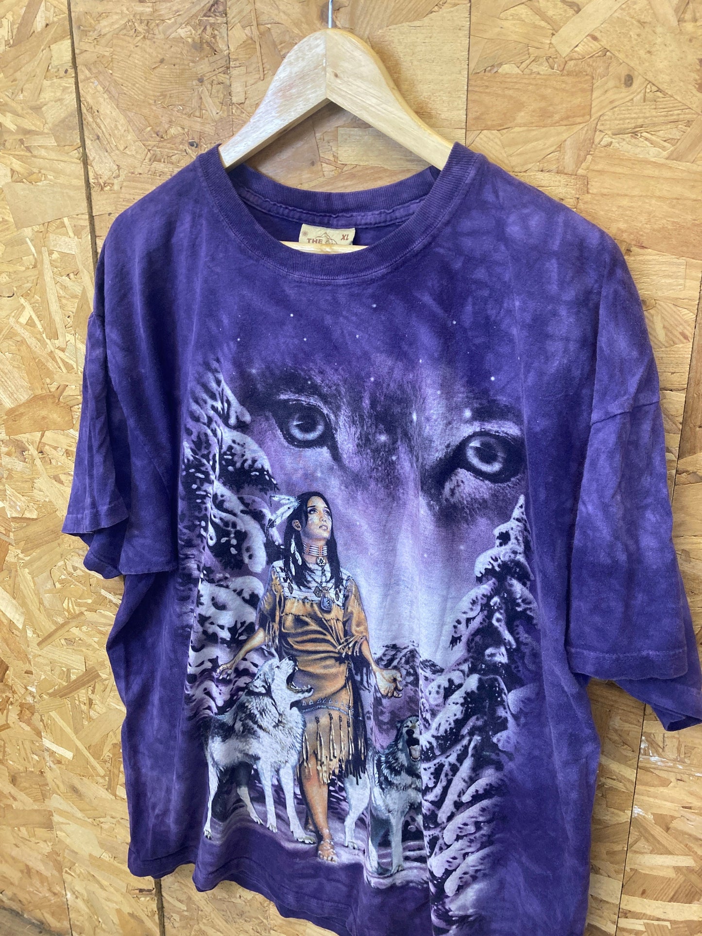 Vintage 90s The Mountain USA purple tie dye Native American Mystic Snow Wolf & Woman T-shirt size XL