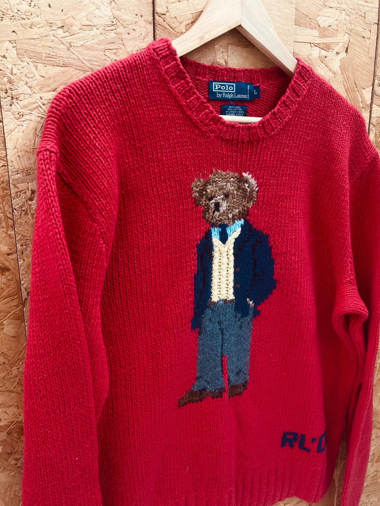 Vintage 2001 rare collectable Polo Ralph Lauren “Executive Bear” red hand-knit crew neck sweater jum