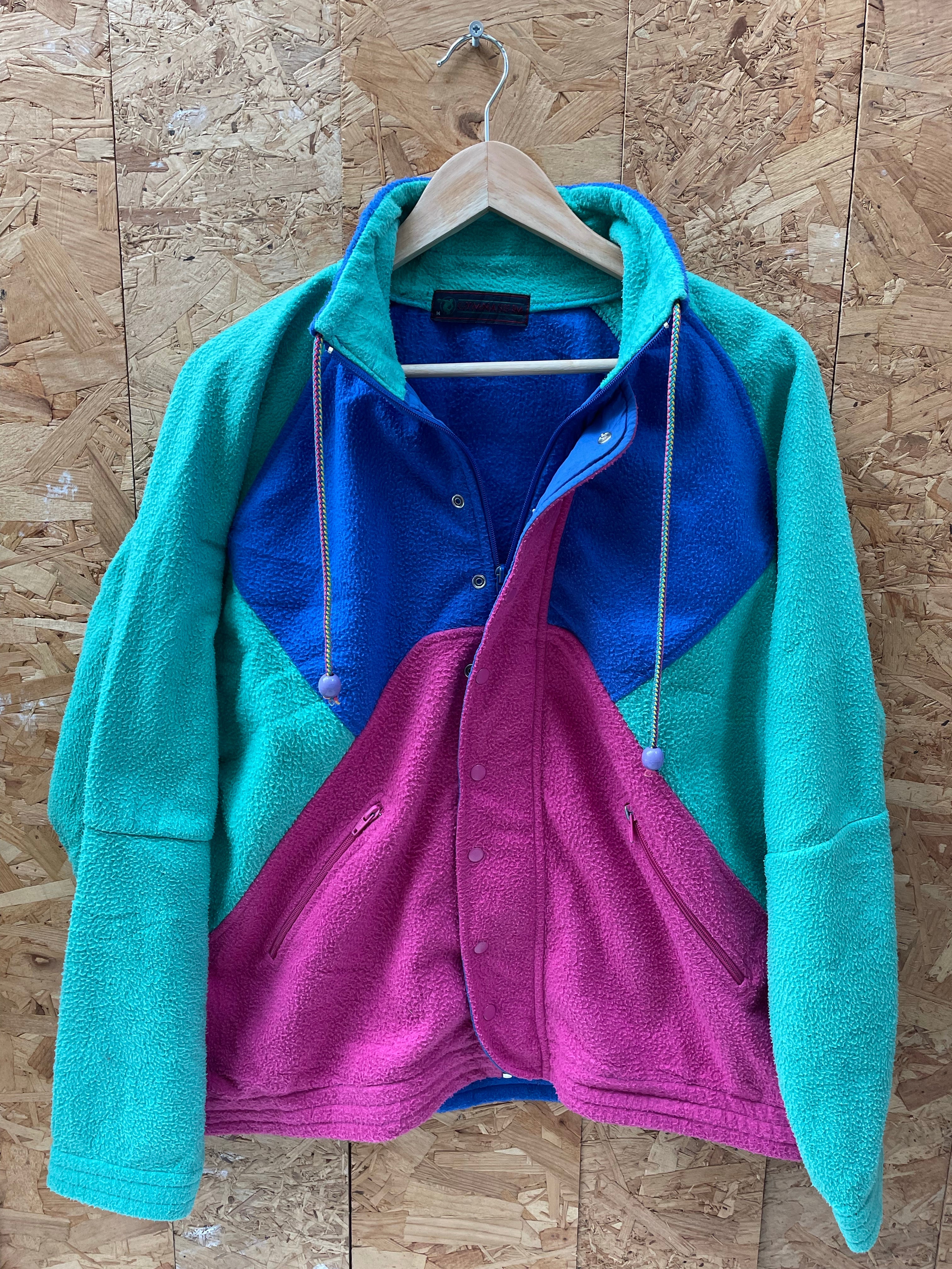 Vintage 80s purple blue turquoise block panel fleece jacket size medium
