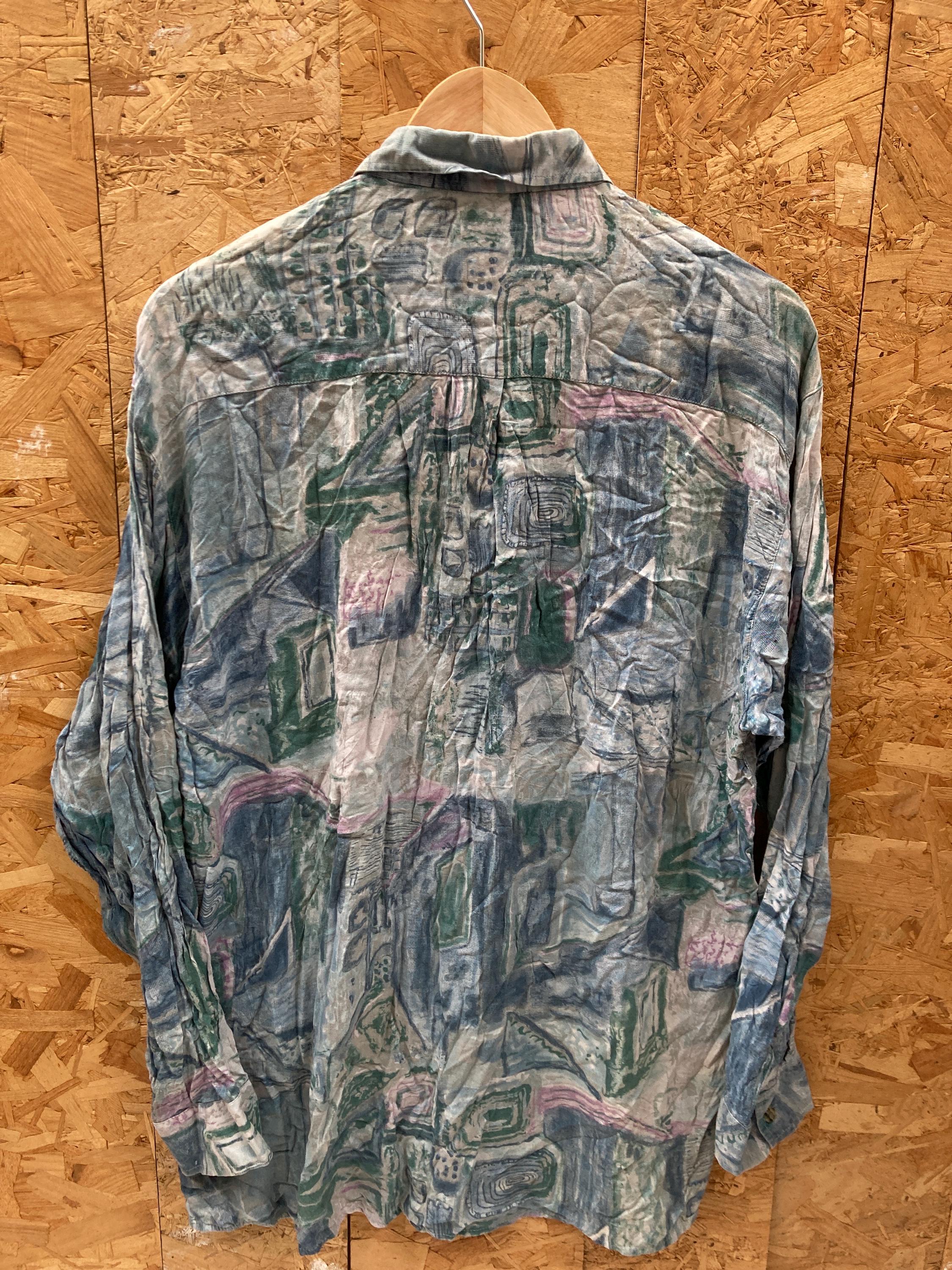 Vintage 90s abstract blue watercolour pattern ugly print long sleeve viscose shirt by Vela size larg