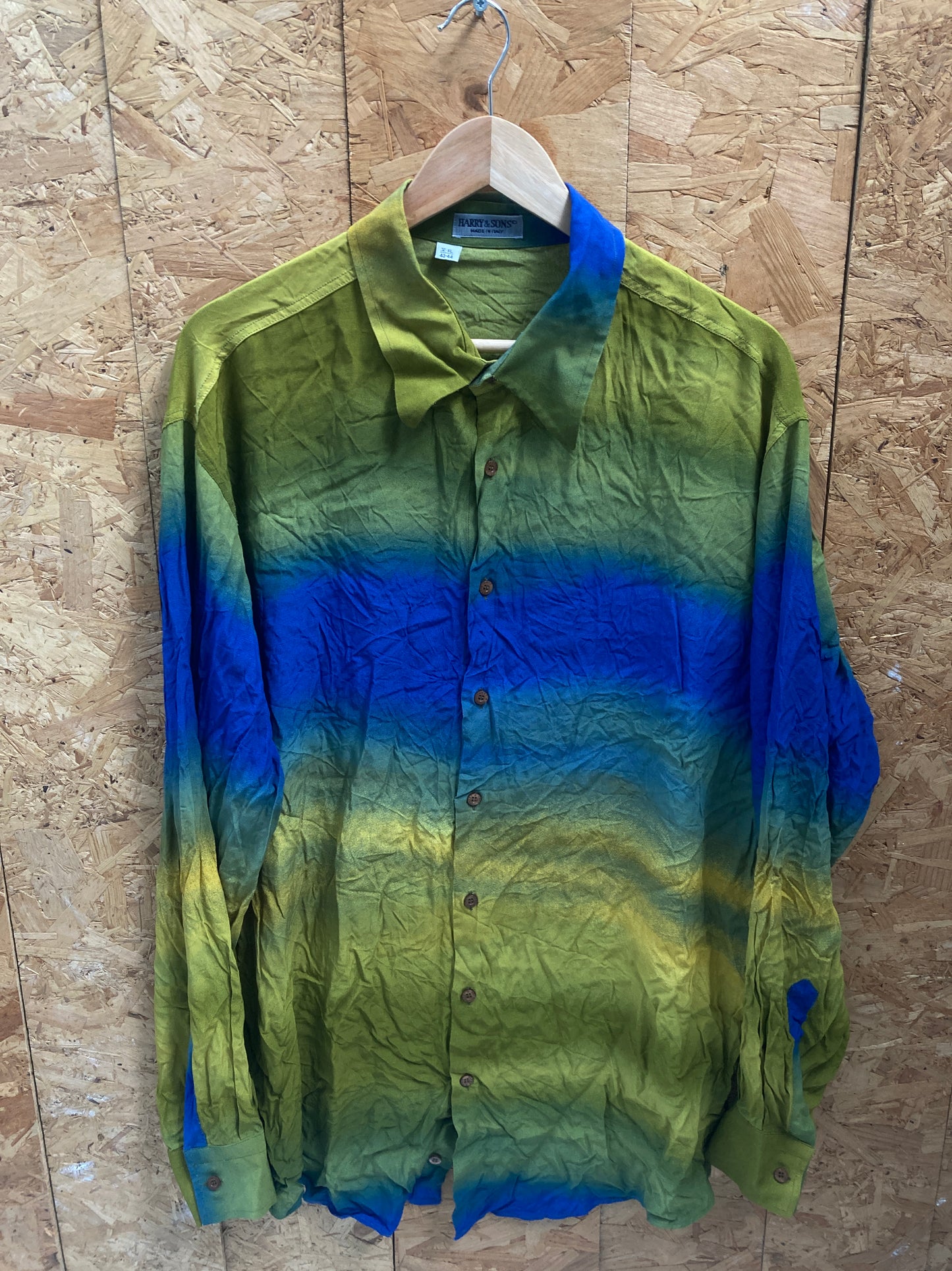 Vintage 90s blue green faded ombre bold pattern long sleeve shirt size XL