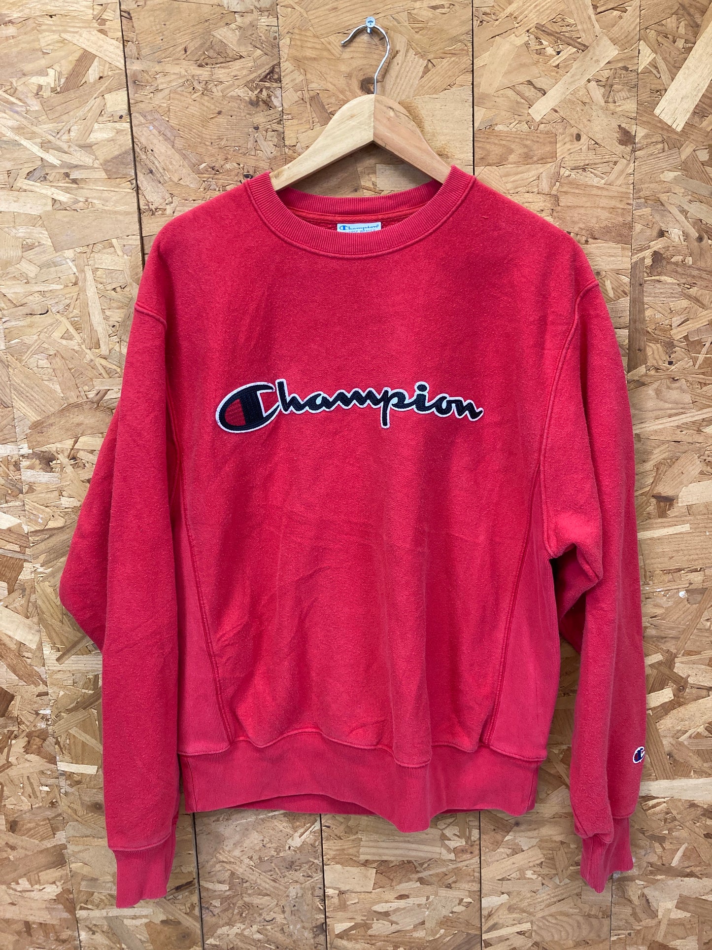 Vintage 90s Champion USA reverse weave heavyweight red & black spell out embroidered sweater size me