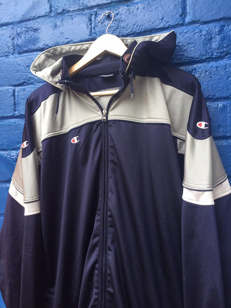 Vintage 90s Champion navy blue silver white hooded fullzip track top size XXL