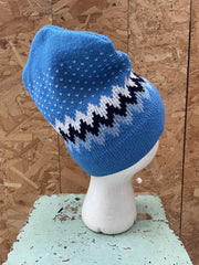 Vintage Blue Fair Isle Knit Beanie Hat Winter Warm Ski Cap