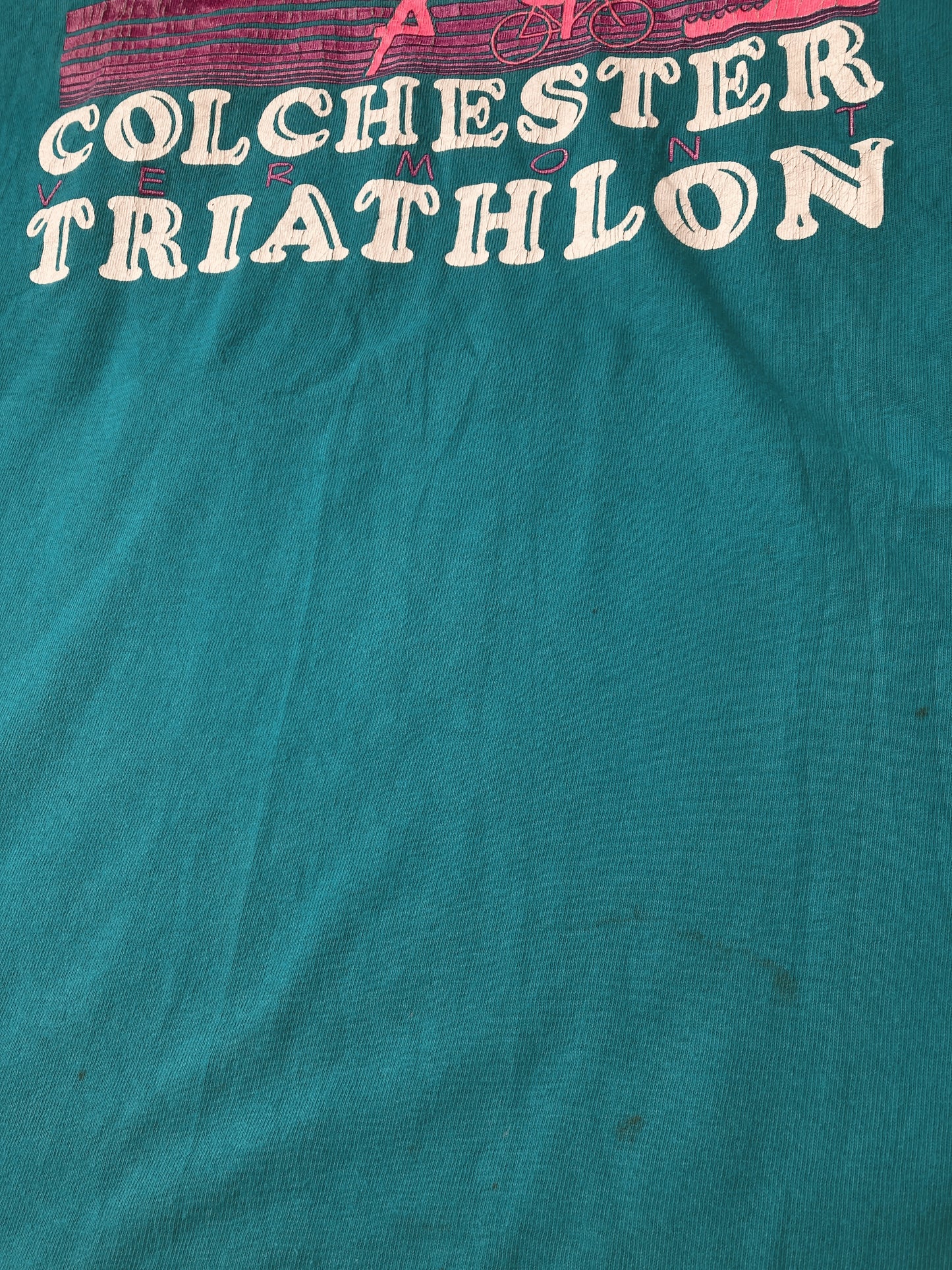 Vintage 90s Colchester Triathlon USA single stitch souvenir turquoise tshirt  XL