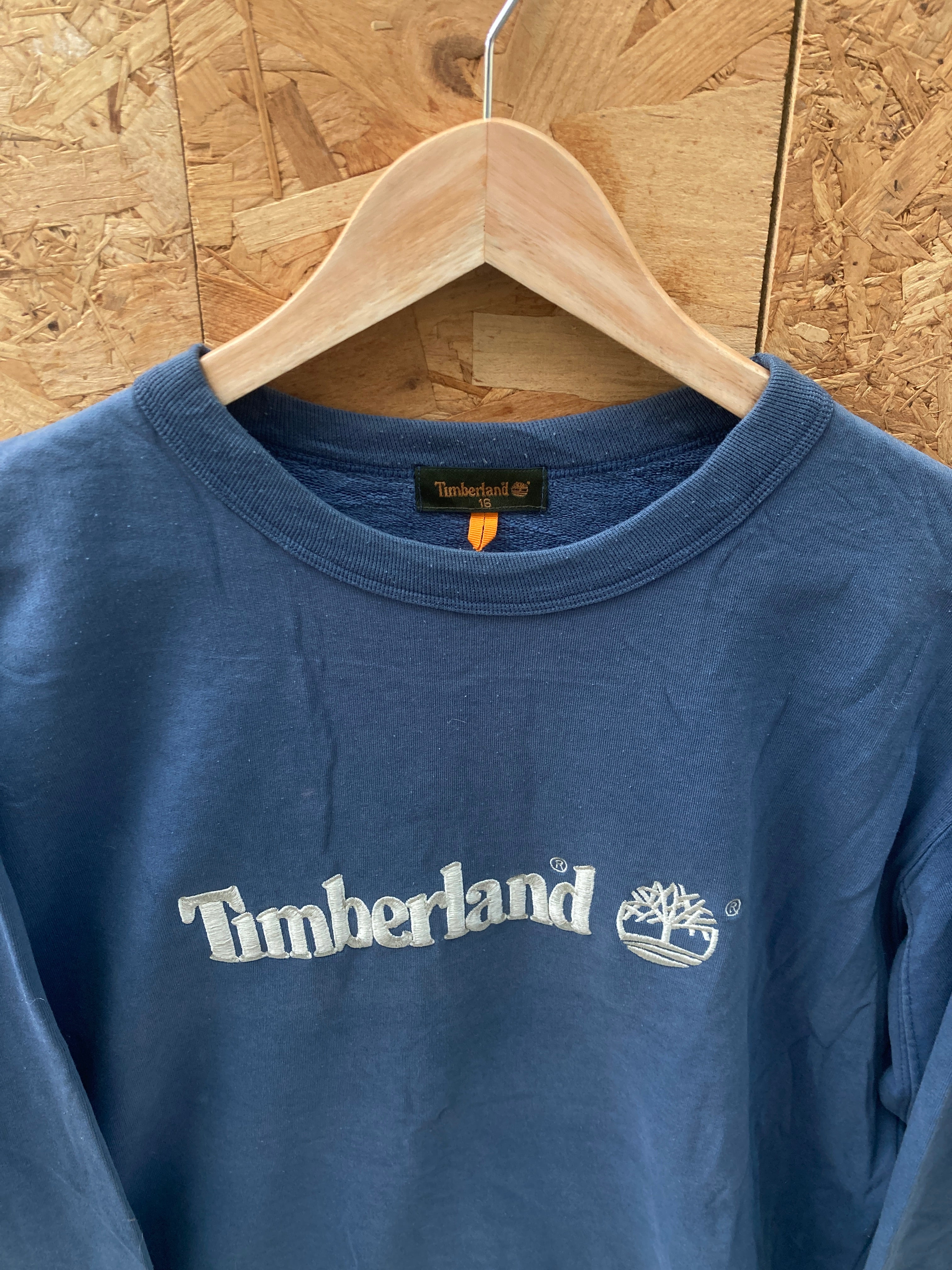 Vintage 90s muted navy blue crew neck spell out sweater size M by Timberland