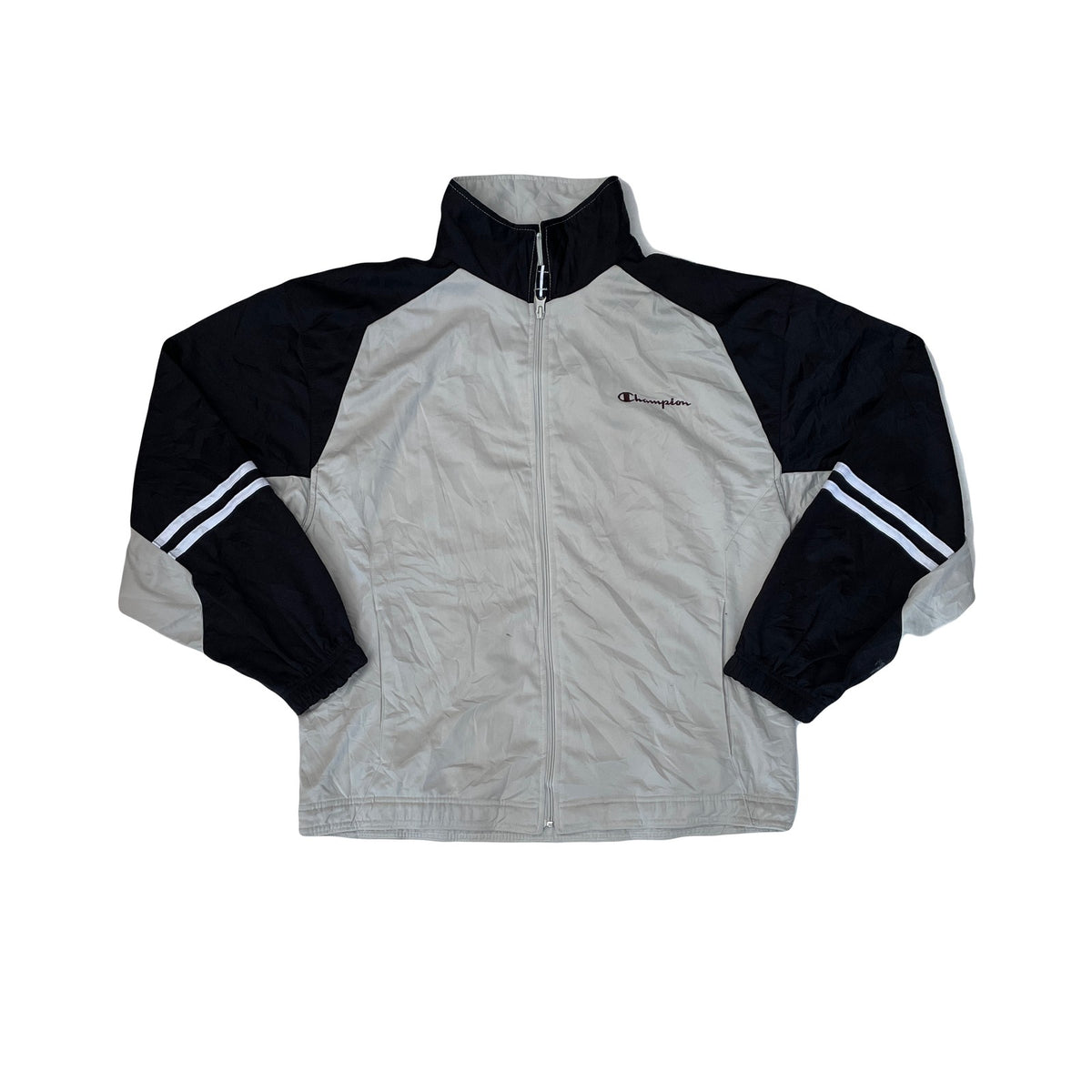 Vintage Champion Track Jacket XL Black Beige Athletic Logo Zip Up Retro