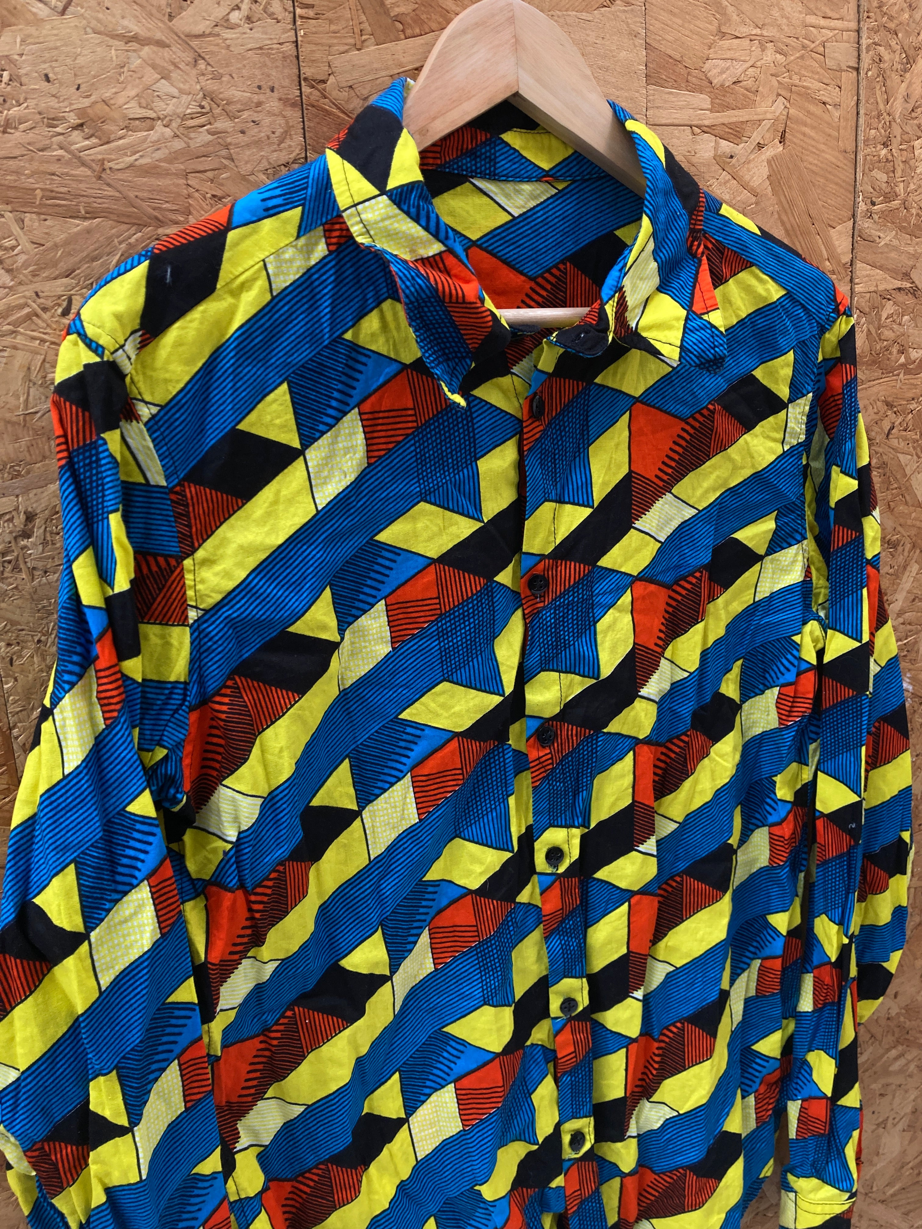 Vintage Y2K blue yellow abstract cubic escher pattern long sleeve shirt small