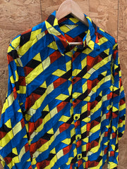 Vintage Y2K blue yellow abstract cubic escher pattern long sleeve shirt small