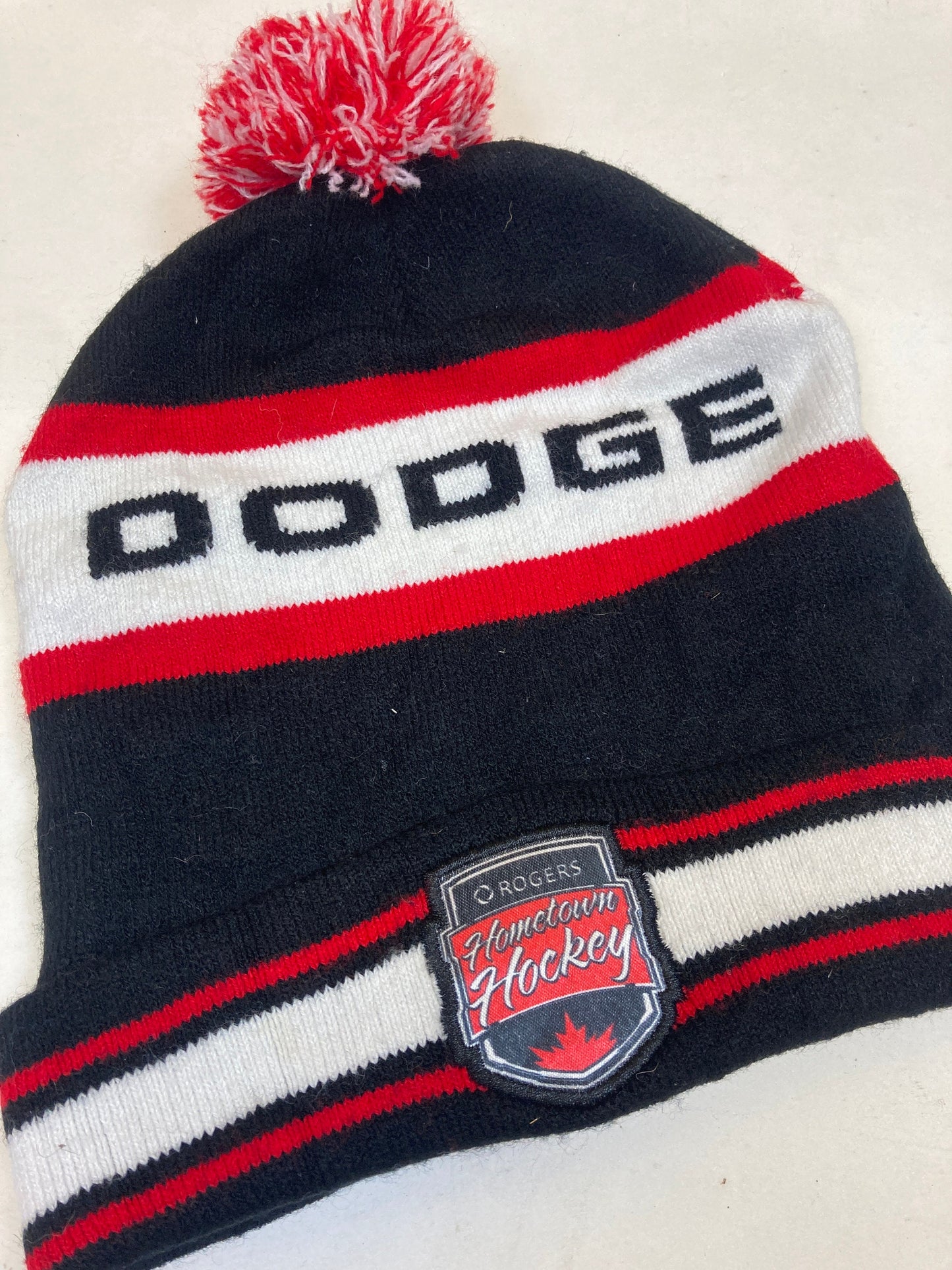 Vintage Y2K nascar style Dodge spell out winter ice hockey red black white beanie bobble hat