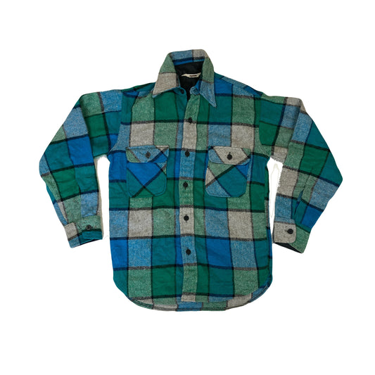 Vintage 80s wool mix heavy green blue grey chunky check western CPO shirt size medium by M Ward