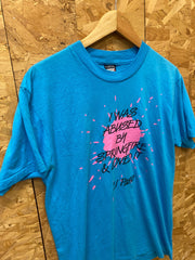 Vintage 90s turquoise blue Docs BBQ El Paso Texas ‘I was abused by springfire’ quirky souvenir singl