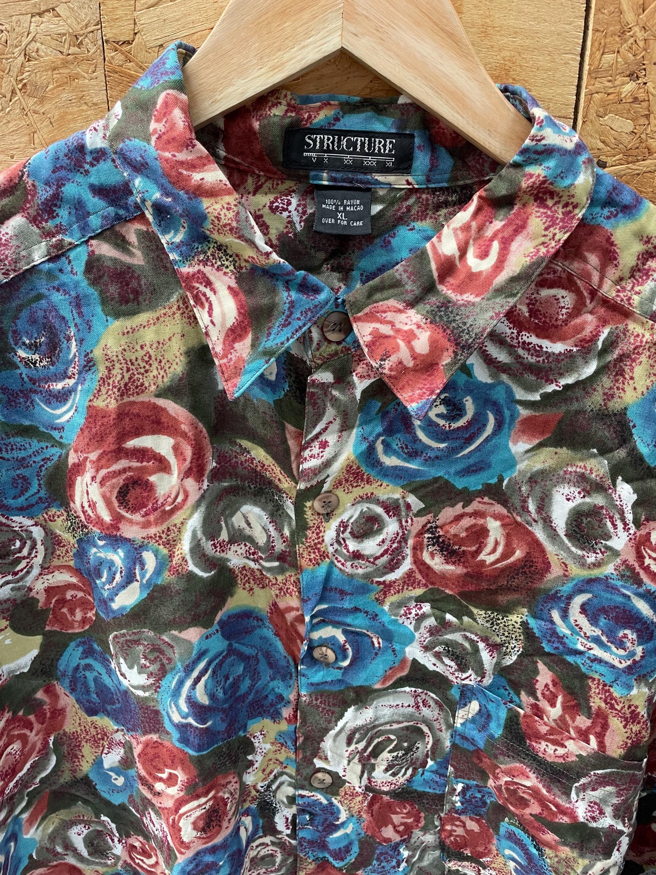Vintage 90s bold floral roses blue pink green abstract pattern long sleeve rayon shirt size XL by St