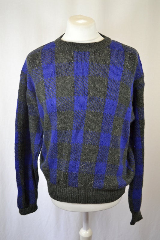 Vintage 90s charcoal blue knitted wool & acrylic stripe squares pattern jumper pullover size large b