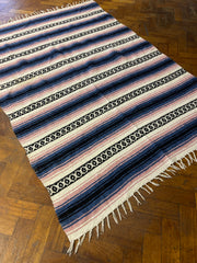 Vintage Mexican Serape Blanket Southwestern Stripes Pink Blue Black White Fringe