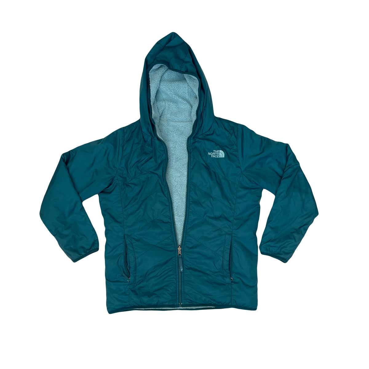 The North Face Reversible Hooded Jacket Teal Fleece Sherpa Insulated Size S