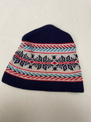 Vintage Fair Isle Knit Beanie Hat Navy Blue Red White Blue Snowflake Pattern