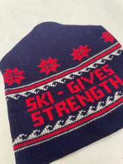 Vintage Ski - Gives Strength Knit Beanie Hat Navy Blue Red White