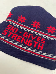 Vintage Ski - Gives Strength Knit Beanie Hat Navy Blue Red White