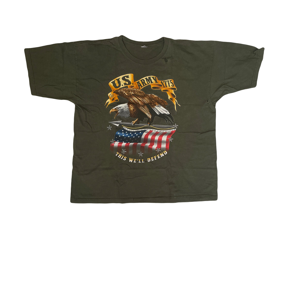 Vintage US Army 1775 Eagle Flag T-Shirt Men's Green Size XL Used
