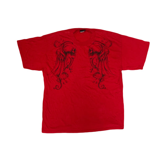 Vintage Y2K red Hybrid feather skull cross double side print t-shirt size XL