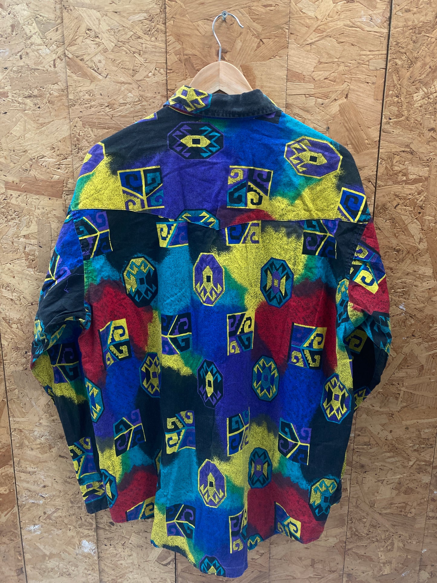 Vintage 90s blue red yellow abstract pattern western cowboy crazy shirt size L