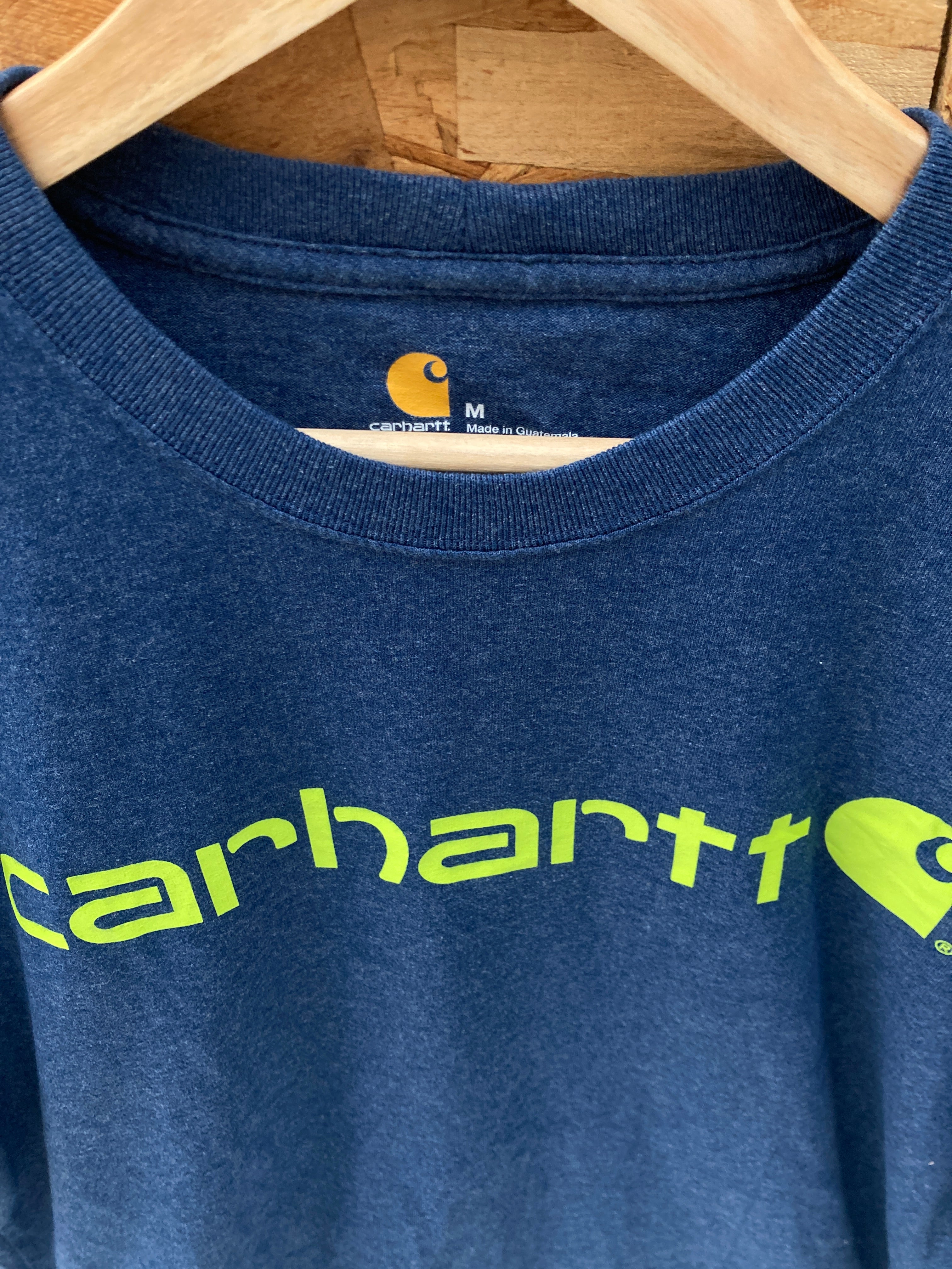 Vintage Carhartt navy blue lime green spell out t-shirt size medium
