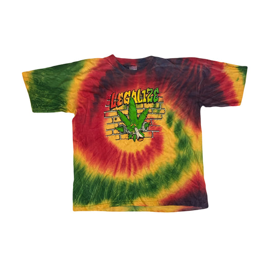 Vintage 90s red yellow green Legalize Cannabis souvenir tie dye t-shirt size XL