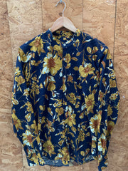 Vintage Y2K navy mustard floral pattern long sleeve mao collar shirt size medium