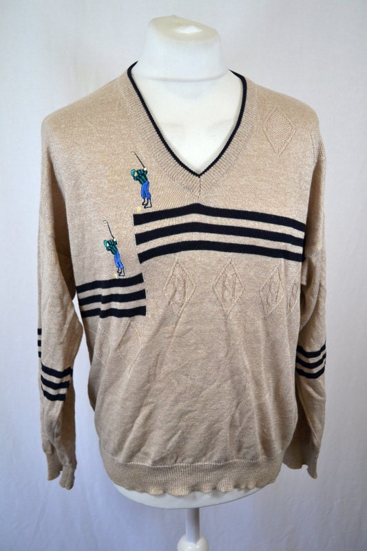 Vintage 90s beige black striped golf player embroidery knitted v-neck pullover jumper size 48 XL