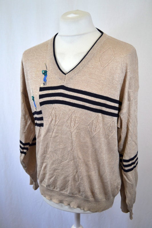 Vintage 90s beige black striped golf player embroidery knitted v-neck pullover jumper size 48 XL