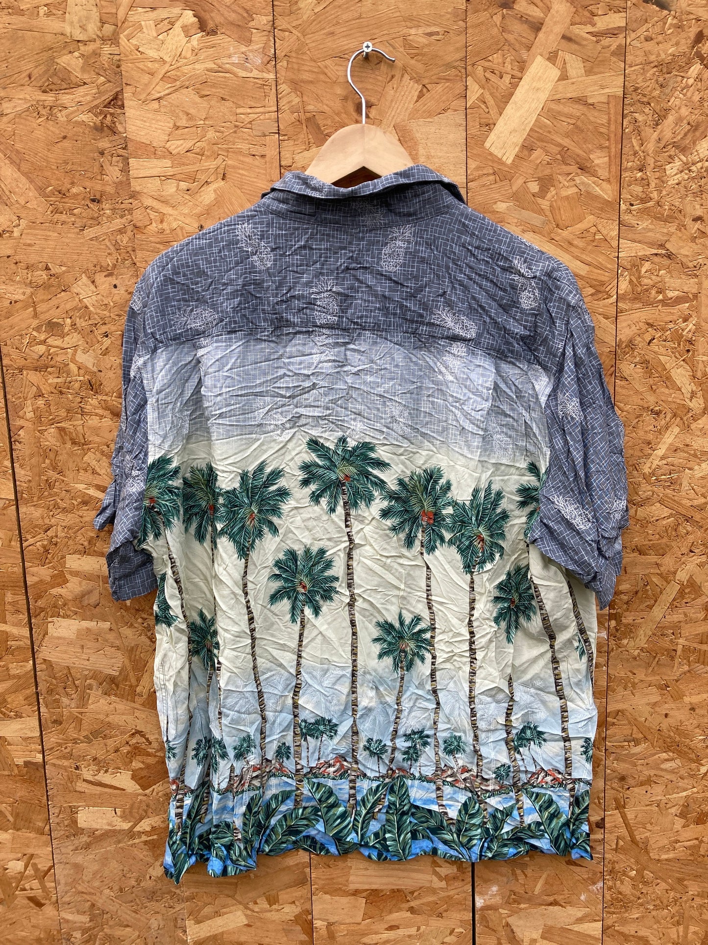 Vintage 90s grey geometric sky tropical hibiscus palm tree Hawaiian rayon shirt size XL