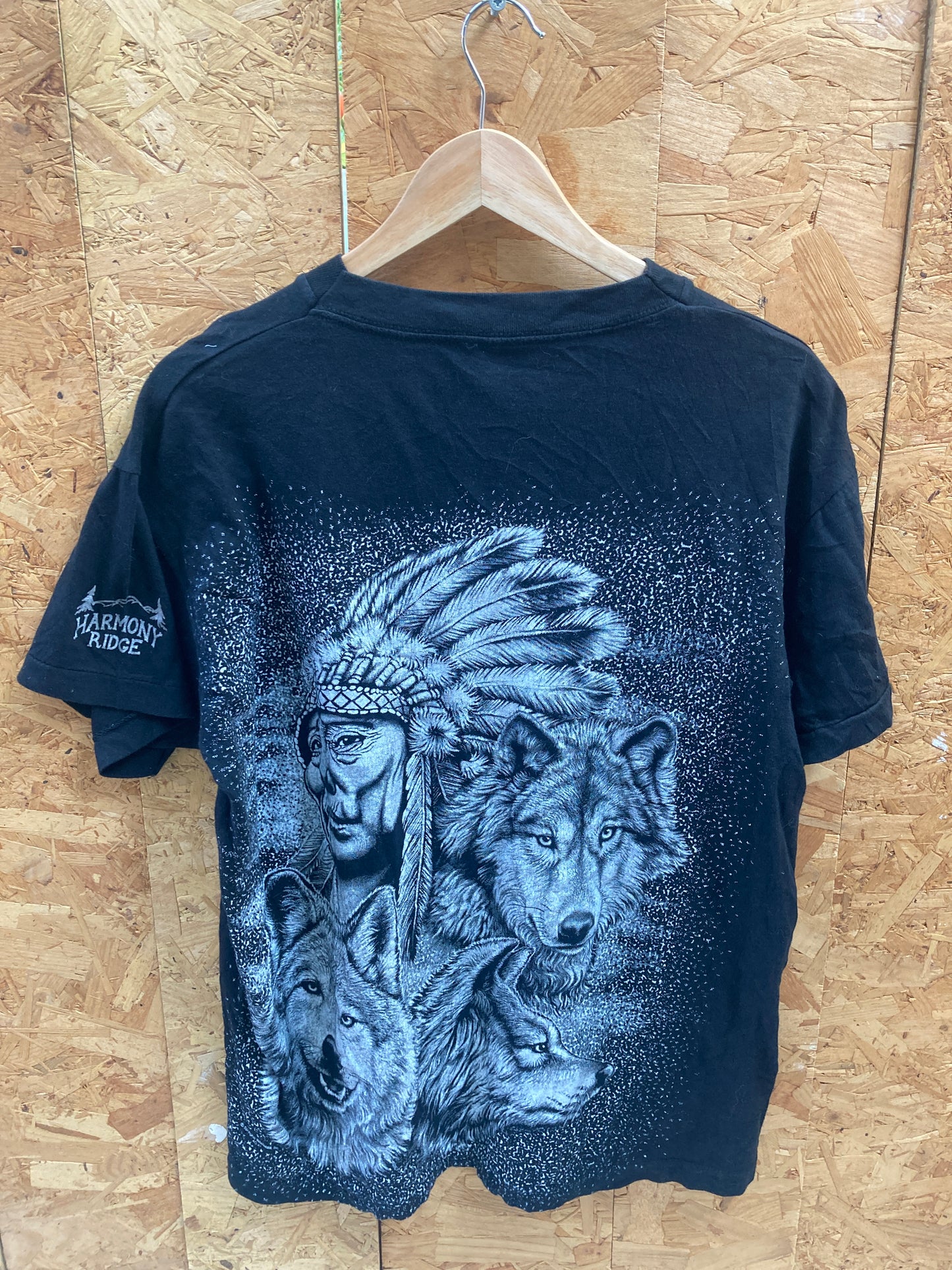 Vintage native american & wolf black white double side print t-shirt size M