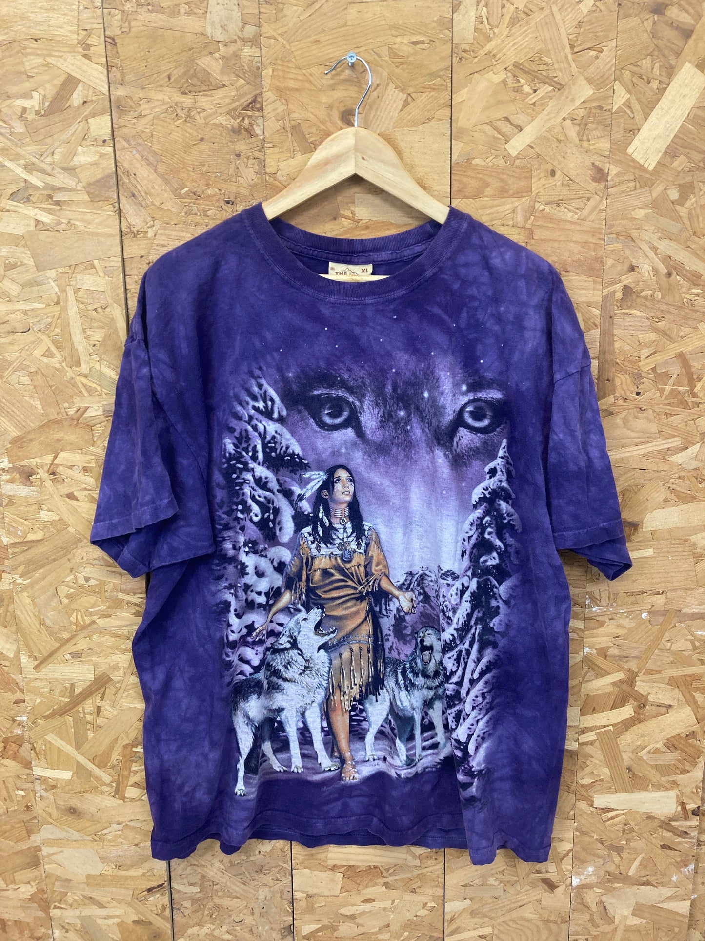 Vintage 90s The Mountain USA purple tie dye Native American Mystic Snow Wolf & Woman T-shirt size XL