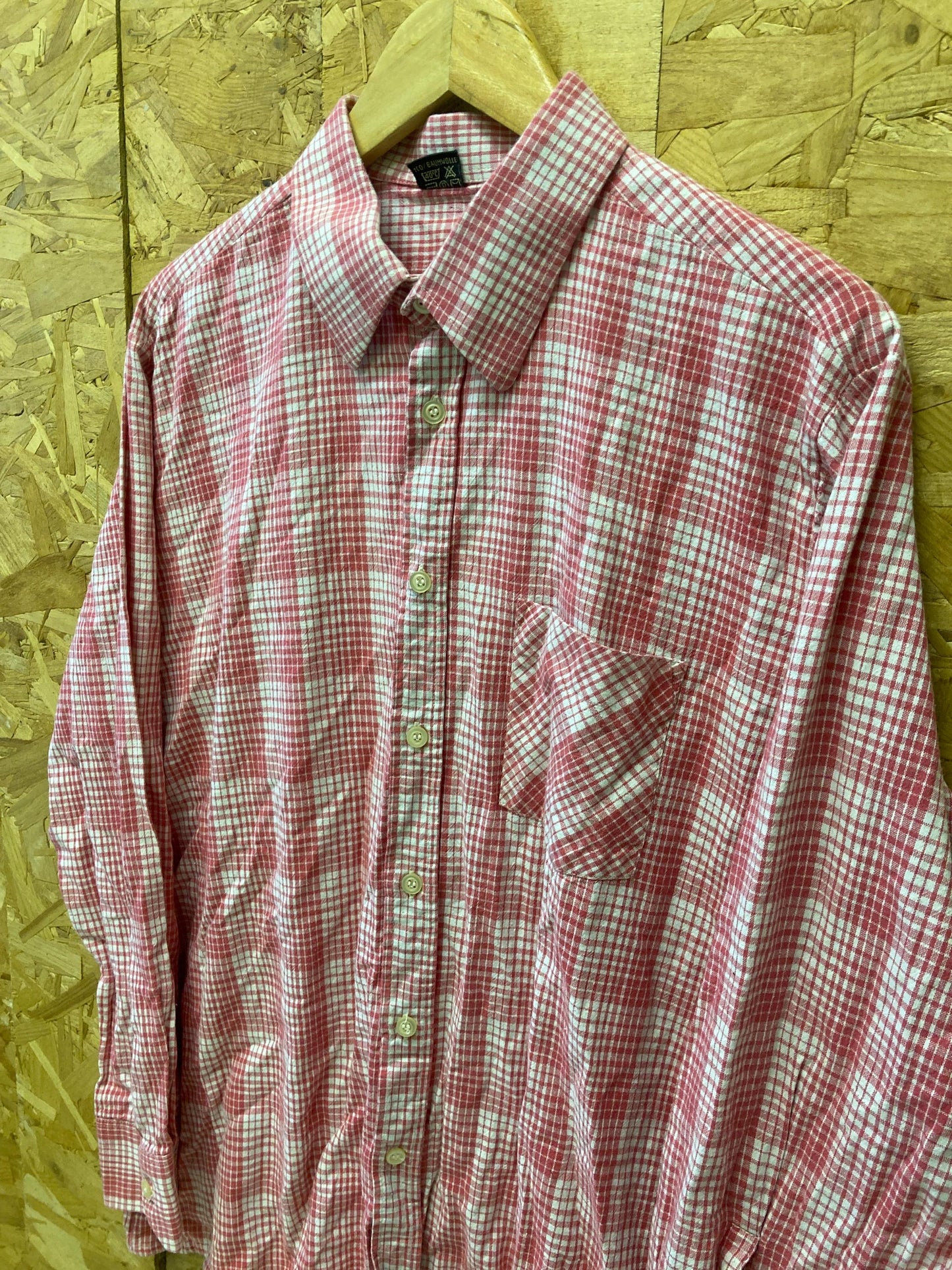 Vintage 80s red white pink gingham tablecloth check long sleeve Mod skinhead retro punk shirt size X