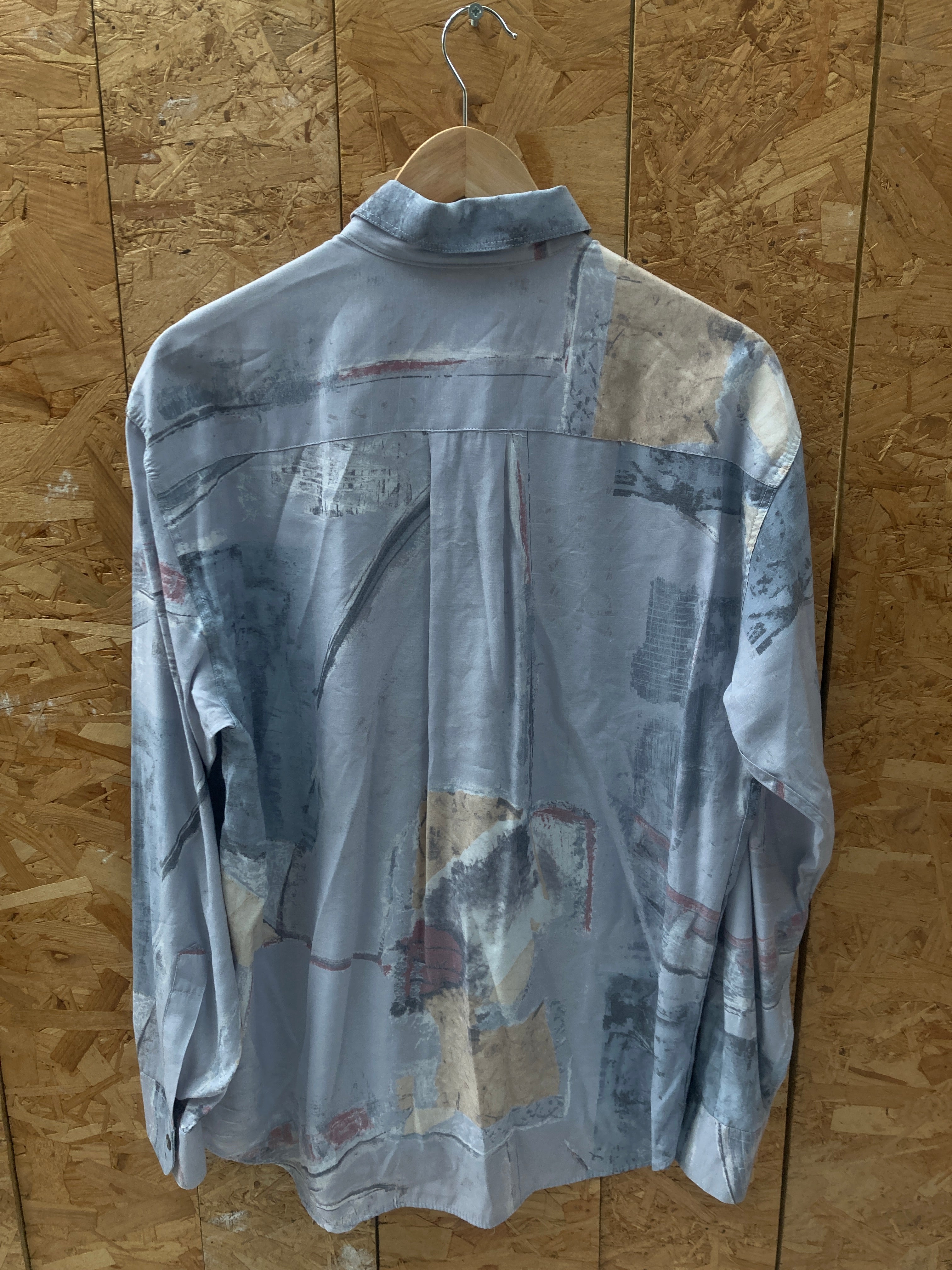 Vintage 90s pastel blue grey abstract pattern long sleeve ugly shirt size large