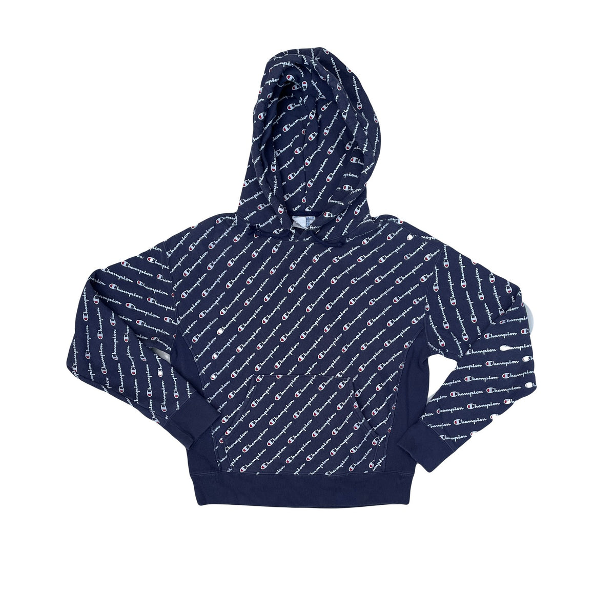 Champion Reverse Weave All-Over Logo Hoodie Sweatshirt Men's Medium Navy Blue