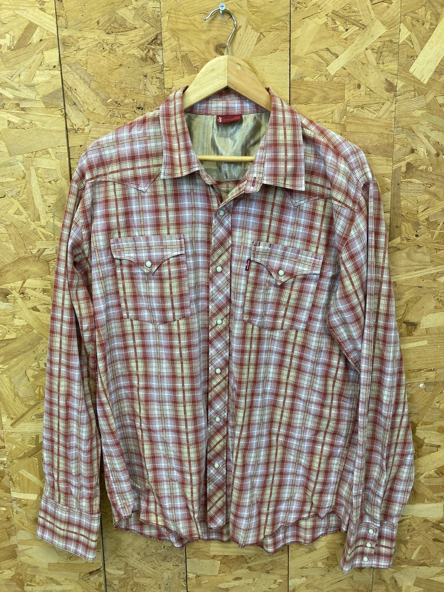 Vintage 90s Levis Red Tab red gold brown cotton check plaid western cowboy rancher dress shirt size