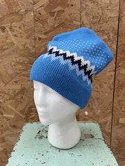 Vintage Blue Fair Isle Knit Beanie Hat Winter Warm Ski Cap
