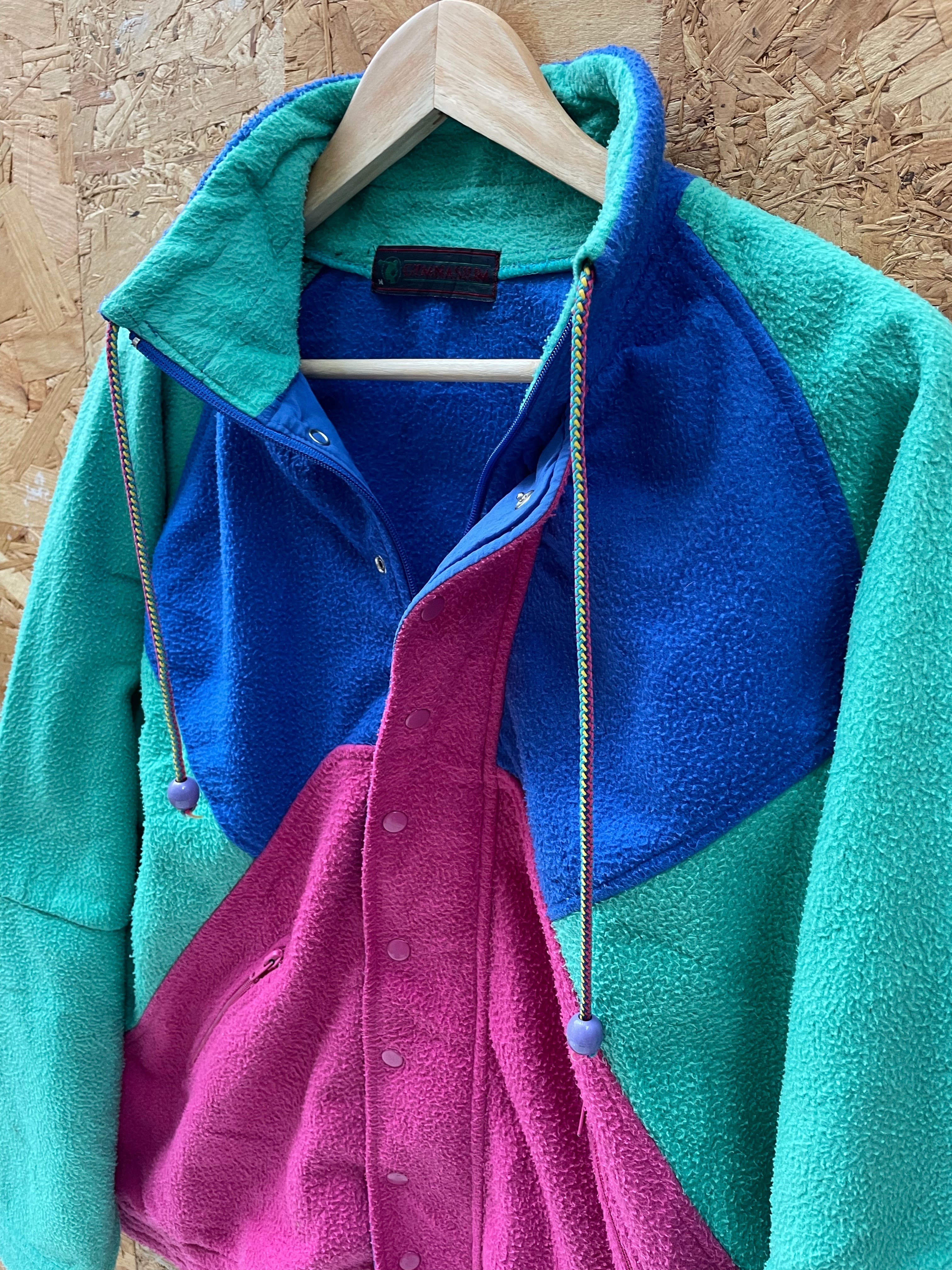 Vintage 80s purple blue turquoise block panel fleece jacket size medium