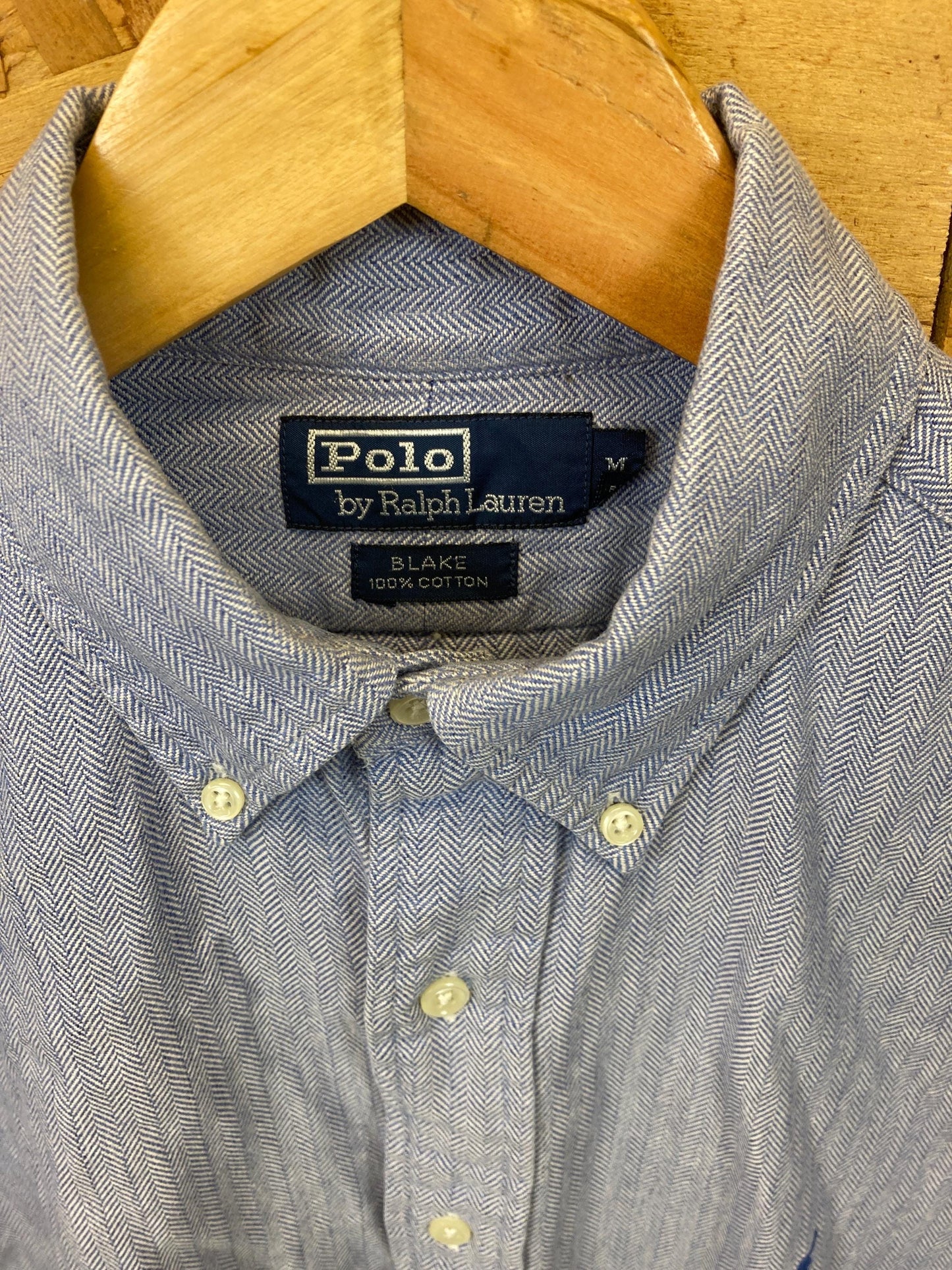 Vintage Y2K Polo Ralph Lauren light blue herringbone Blake cotton shirt size medium oversized fit