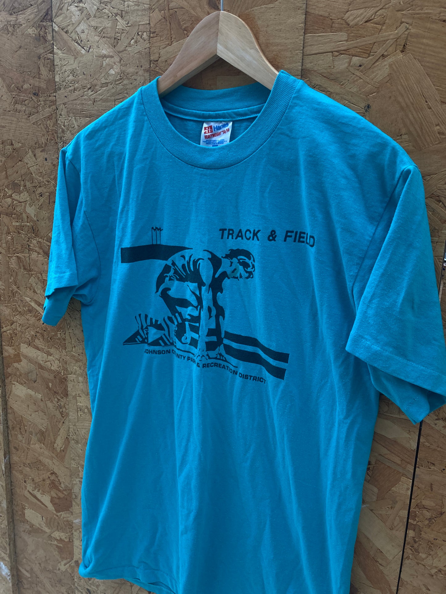 Vintage 90s Johnson County Track & Field turquoise single stitch t-shirt size M