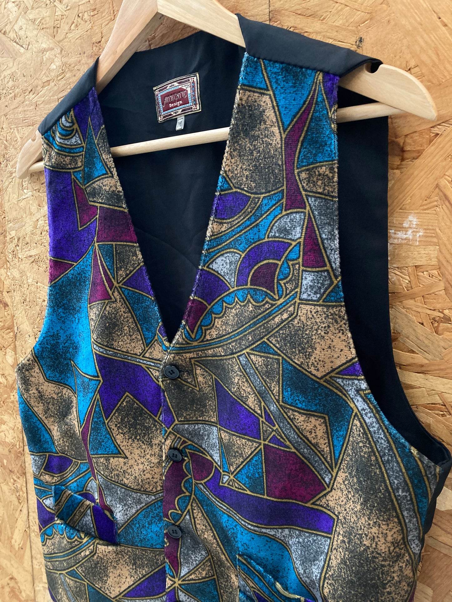 Vintage 80s turquoise gold purple abstract psychedelic velour waistcoat size M