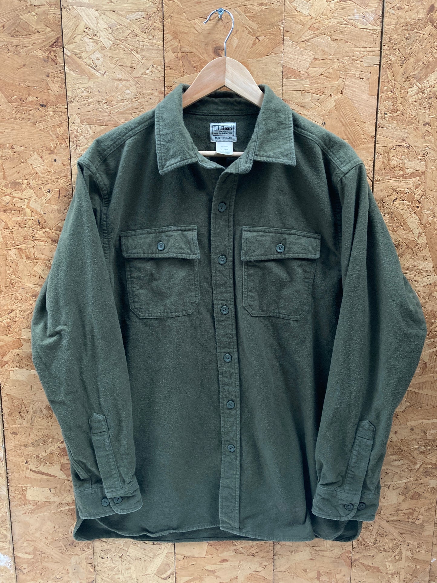 Vintage 90s olive drab green long sleeve chamois shirt size large by LL Bean