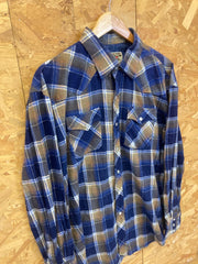 Vintage 80s beige blue brushed cotton check western twin pocket cowboy shirt size XL by Youngblood w