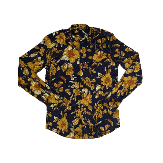 Vintage Y2K navy mustard floral pattern long sleeve mao collar shirt size medium