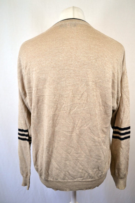 Vintage 90s beige black striped golf player embroidery knitted v-neck pullover jumper size 48 XL