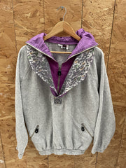 Vintage JeroNimo Fleece Pullover Sweatshirt L Grey Purple Leopard Print Collar